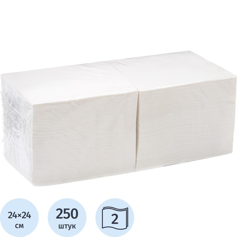 Изображение товара Салфетки бумажные 2-слойные 24х24 см белые (250 листов в пачке)