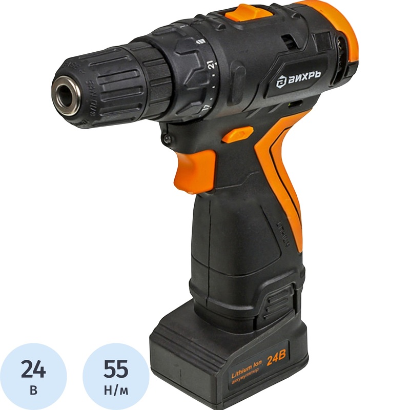 Изображение товара Аккумуляторная дрель-шуруповерт Вихрь ДА-24Л-2К/Б 24В 2Ач 2 скорости кейс