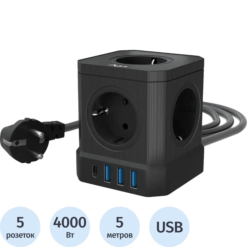 Изображение товара Сетевой фильтр AGNI TP-VE4U5E-C-5m с 5 розетками и 4 USB, черный