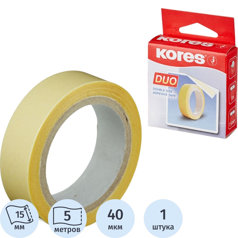 Изображение товара Клейкая лента Kores двусторонняя прозрачная 15 мм x 5 м