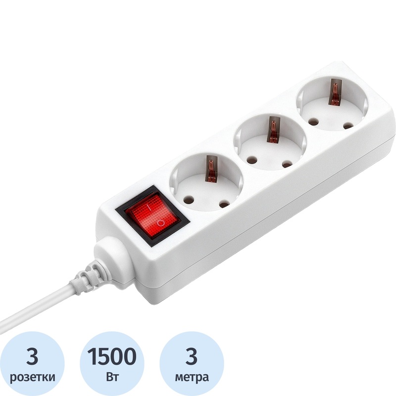 Изображение товара Удлинитель Buro BU-PS3.3/W 3 розетки 3м заземление выключатель