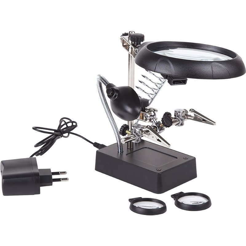 Изображение товара Держатель Rexant с лупой и подсветкой 2.5x и 7.5x для электроники и ювелирных работ