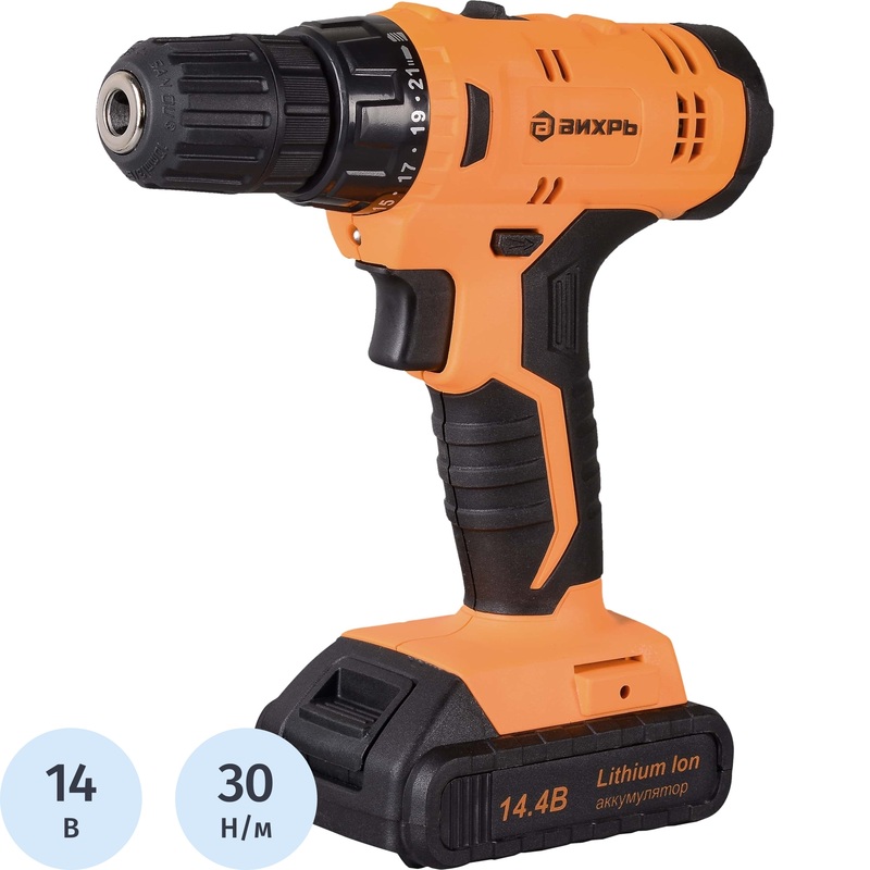 Изображение товара Дрель-шуруповёрт аккумуляторная Вихрь ДА-14.4Л-2К 2 АКБ х Li-ion (14.4В, 1.3 Ач)+ЗУ в кейсе (72/14/8)