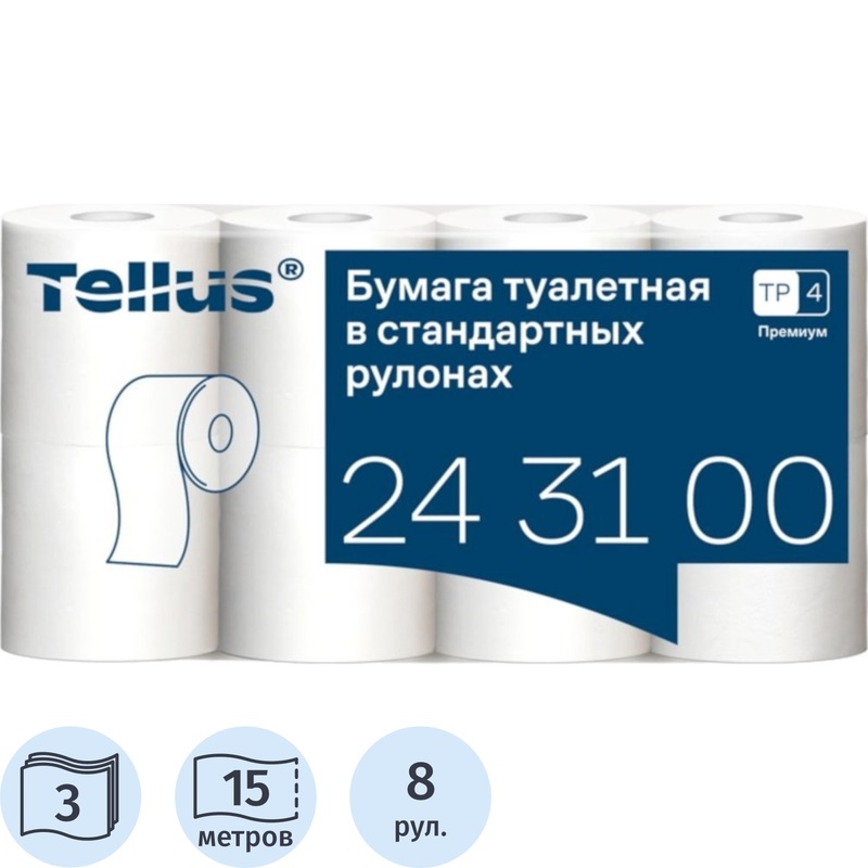 Изображение товара Бумага туалетная Tellus (Торк/Tork) Премиум 3-слойная белая (8 рулонов в упаковке, 243100)