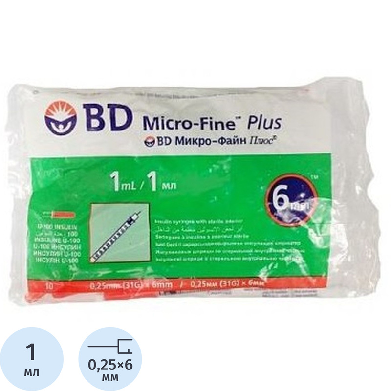 Изображение товара Шприц инсулиновый BD 1 мл U-100 31G 0.25x6 мм, 10 штук