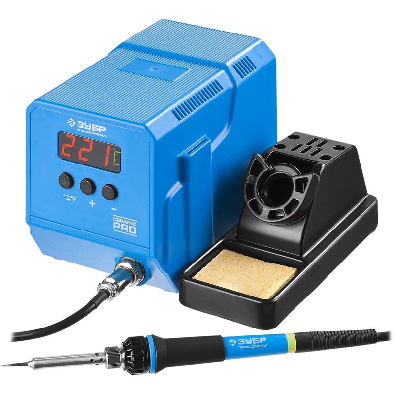Изображение товара Паяльная станция Зубр ПСН-60 с ЖК-дисплеем и подставкой