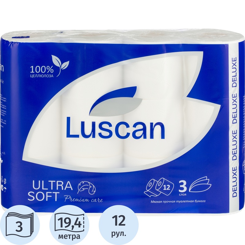 Изображение товара Бумага туалетная Luscan Deluxe 3-слойная белая 12 рулонов