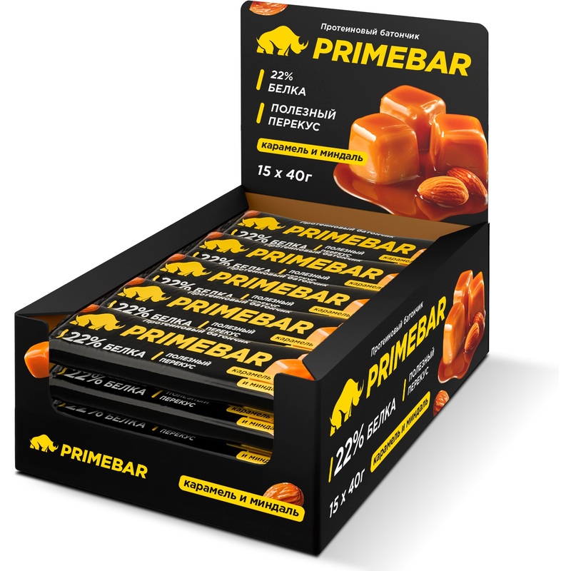 Изображение товара Протеиновый батончик Primebar карамель и миндаль 15 шт по 40 г с высоким содержанием белка