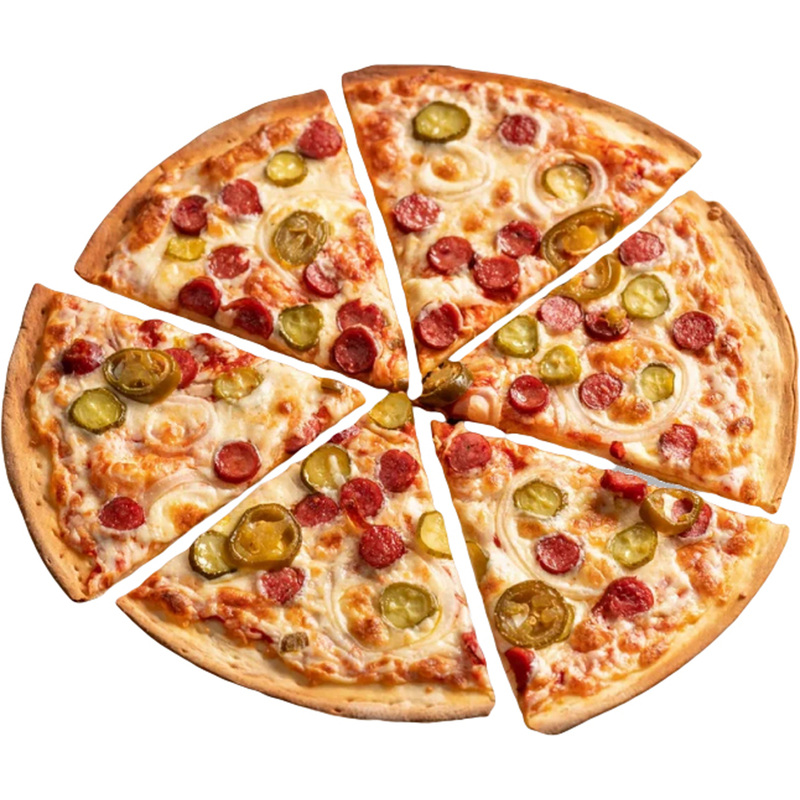 Изображение товара Пицца Берлинская острая на тонком тесте с халапеньо и копчеными колбасками