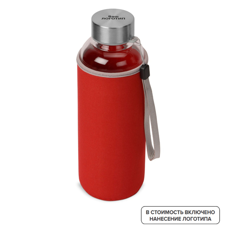 Изображение товара Стеклянная бутылка Pure 420 мл в красном чехле с гравировкой и логотипом