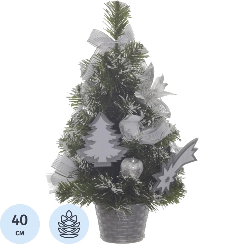 Изображение товара Искусственная настольная новогодняя ёлка 40 см с украшениями в серебристом кашпо