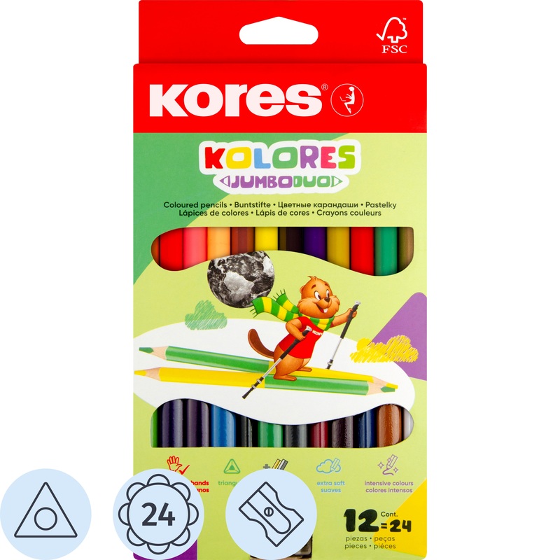 Изображение товара Карандаши цветные Kores DUO Jumbo 12 карандашей 24 цвета трёхгранные (двусторонние, утолщённые)