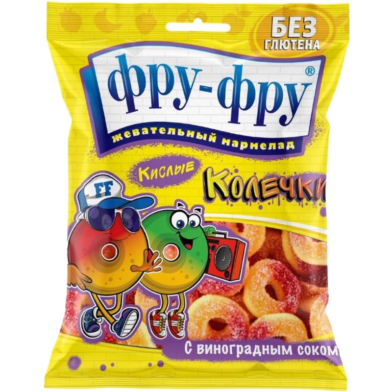 Изображение товара Мармелад Фру-Фру Кислые колечки 80 г 12 штук в упаковке натуральный фруктовый кислый вкус