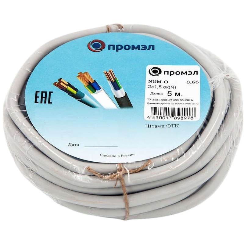 Изображение товара Кабель NUM-O 2х1.5 5 метров бухта белый ПромЭл ГОСТ для внутренней проводки