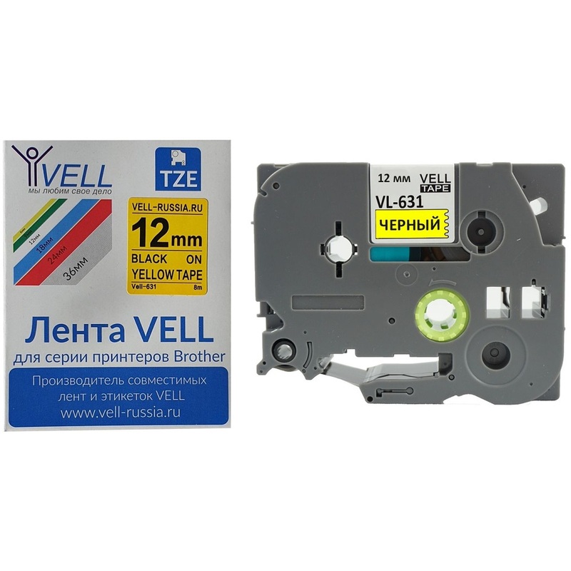 Изображение товара Картридж Vell VL-631 для принтера этикеток Brother (12 мм x 8 м, цвет ленты желтый, шрифт черный)