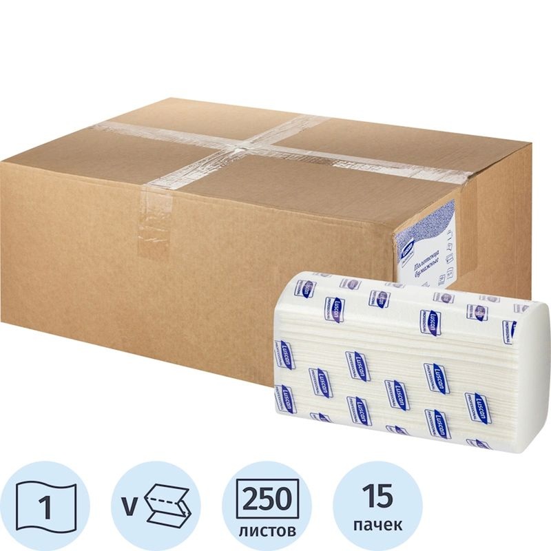 Изображение товара Полотенца бумажные Luscan Professional H3 V-сложение 1-слойные белые 15 пачек по 250 листов