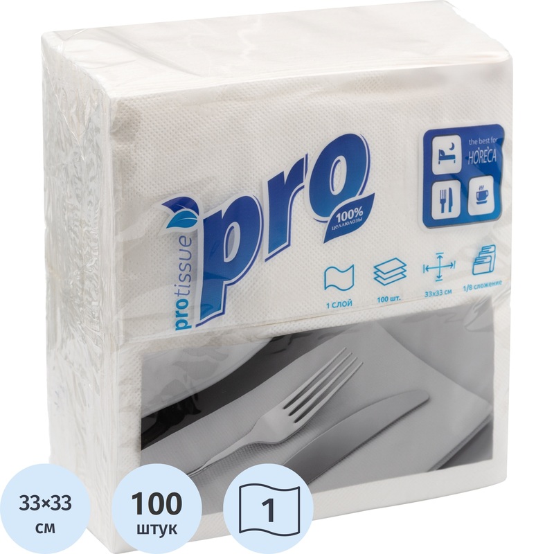 Изображение товара Бумажные салфетки Protissue 1-слойные 33x33 см белые 100 штук