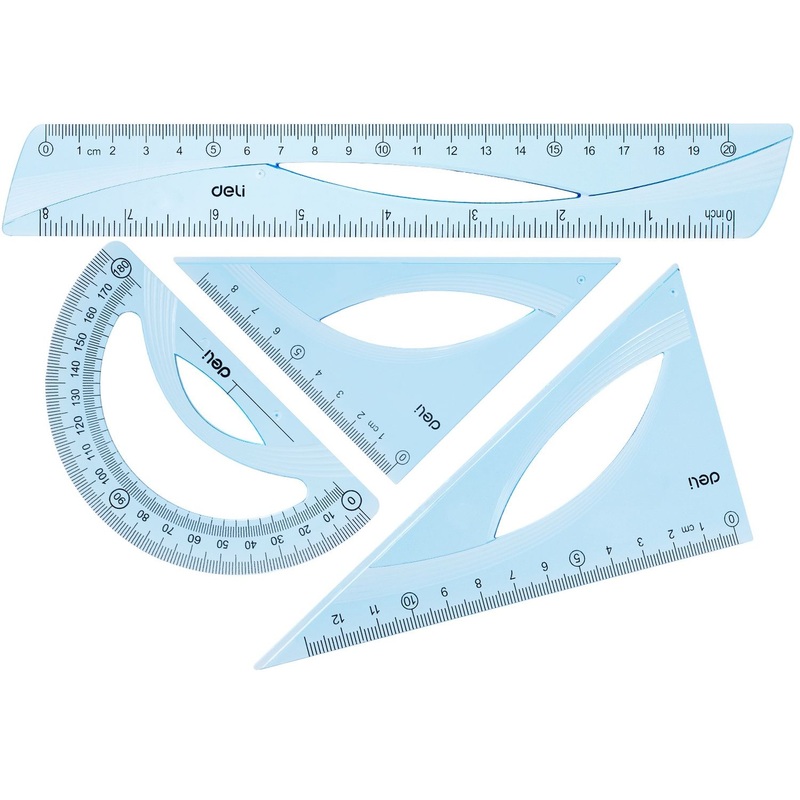 Изображение товара Чертёжный набор Deli EH12 голубой прозрачный с линейкой треугольниками и транспортиром