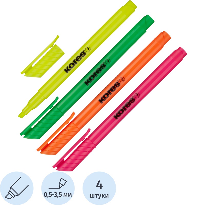 Изображение товара Качественный набор текстовыделителей Kores 4 цвета с водной основой и скошенным наконечником