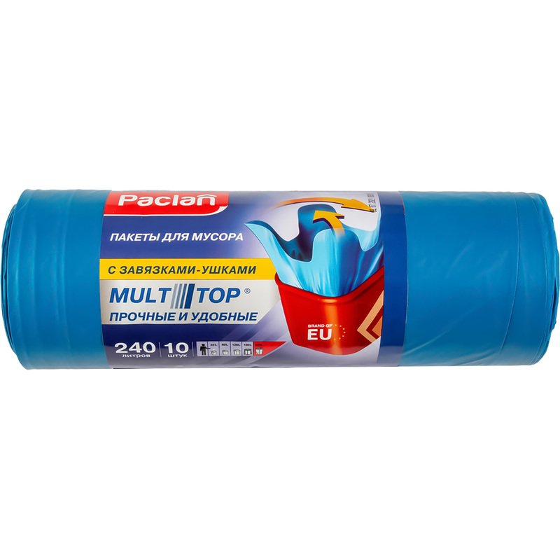Изображение товара Мешки для мусора Paclan Multitop 240 л с завязками синие (ПВД 40 мкм, 10 штук)