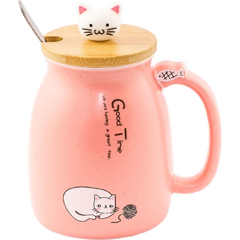 Изображение товара Кружка с крышкой и ложкой Эврика Котик с клубком 400 мл розовая керамика
