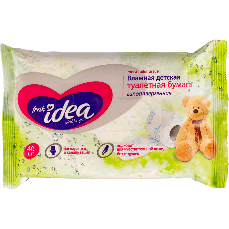 Изображение товара Влажная детская туалетная бумага Fresh idea 40 листов без запаха, с ромашкой и алоэ вера