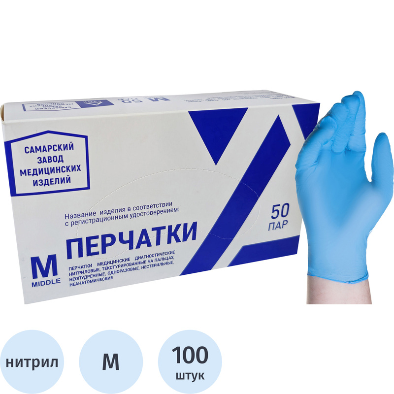 Изображение товара Перчатки медицинские смотровые нитриловые СЗМИ нестерильные неопудренные размер M (7-8) синие (50 пар/100 штук в упаковке)
