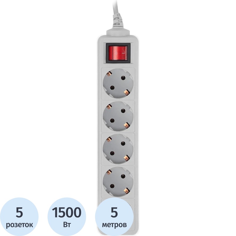Изображение товара Сетевой фильтр PC Pet AP01006-5-G на 5 розеток и 5 метров шнура