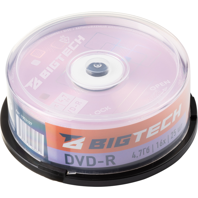 Изображение товара Диск DVD-R BigTech 4.7 ГБ 16x cake box YDVDRB003 (25 штук в упаковке)