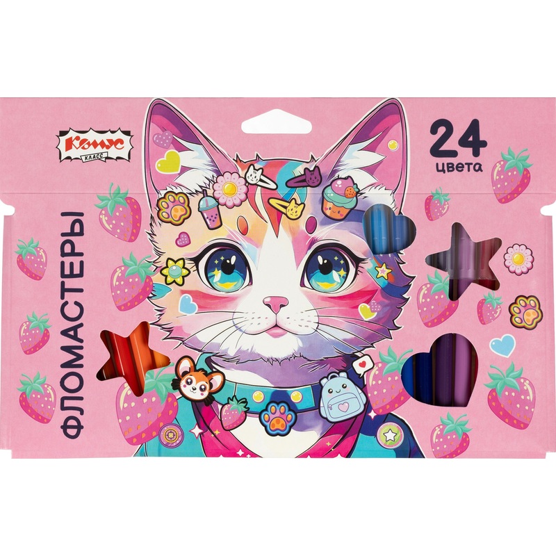 Изображение товара Фломастеры Комус Класс Kitty stickers 24 цвета с вентилируемыми колпачками смываемые