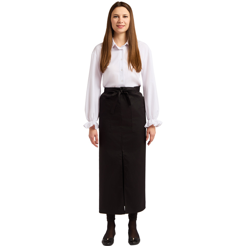 Изображение товара Длинный черный фартук официанта из ткани форвард с накладными карманами