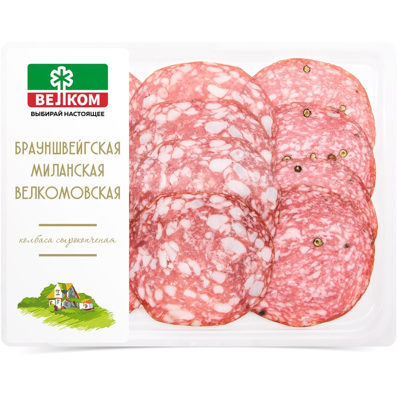 Изображение товара Колбаса Велком Брауншвейгская Миланская Велкомовская сырокопченая нарезка 90 г