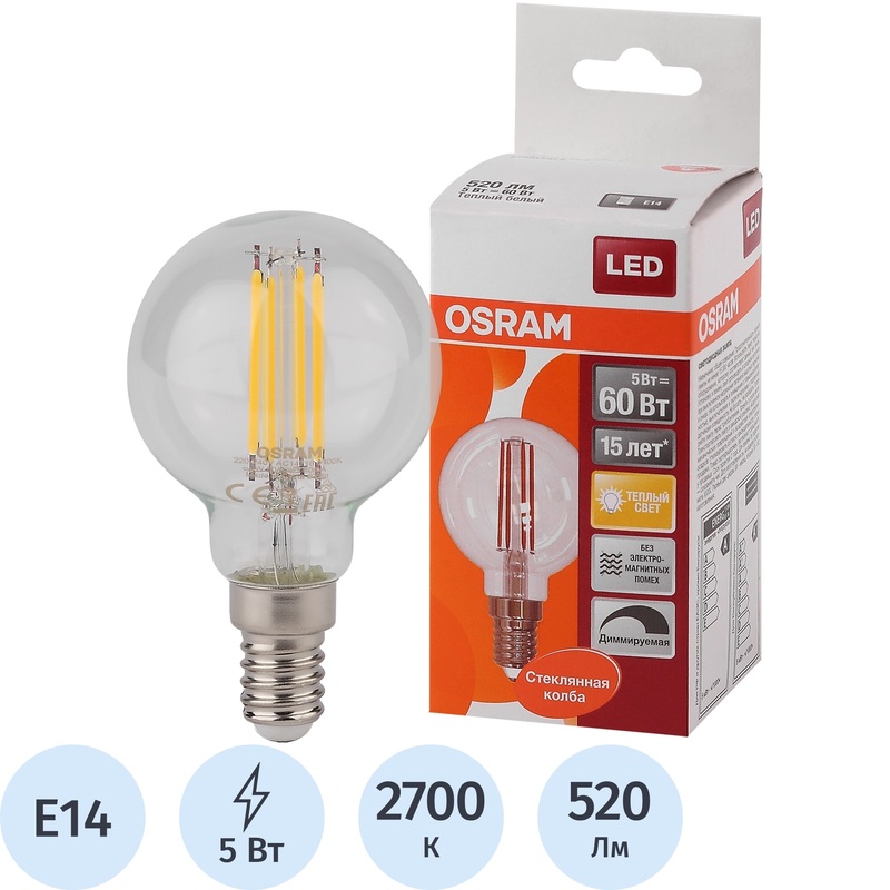 Изображение товара Светодиодная лампа Osram 5Вт E14 теплый белый диммируемая 2700К 520Лм