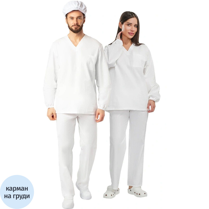 Изображение товара Костюм пекаря у05-КБР (ДР) белый бязь с длинным рукавом (142 г/кв.м, размер 64-66, рост 170-176)