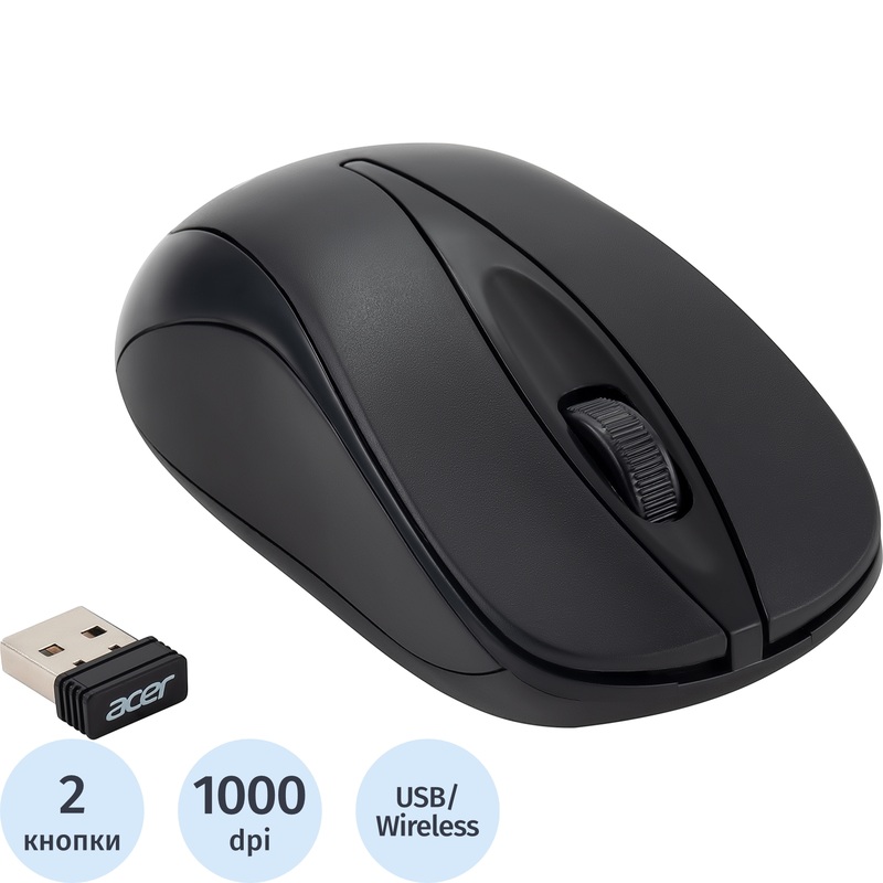Изображение товара Беспроводная мышь Acer OMR131 чёрная с 1000 dpi и USB интерфейсом