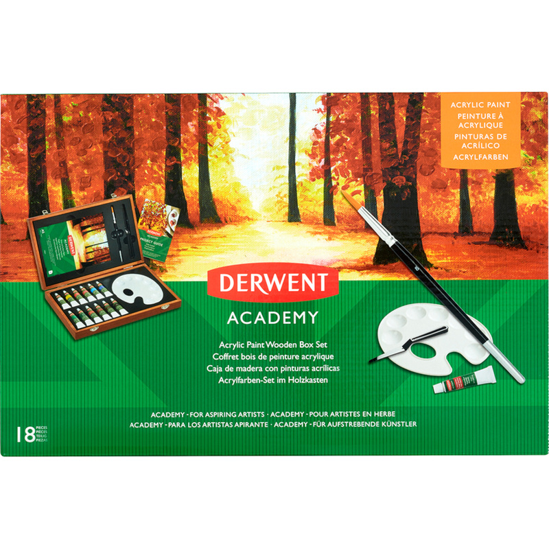 Изображение товара Художественный набор Derwent Academy 12 акриловых красок + кисть, палитра блокнот руководство