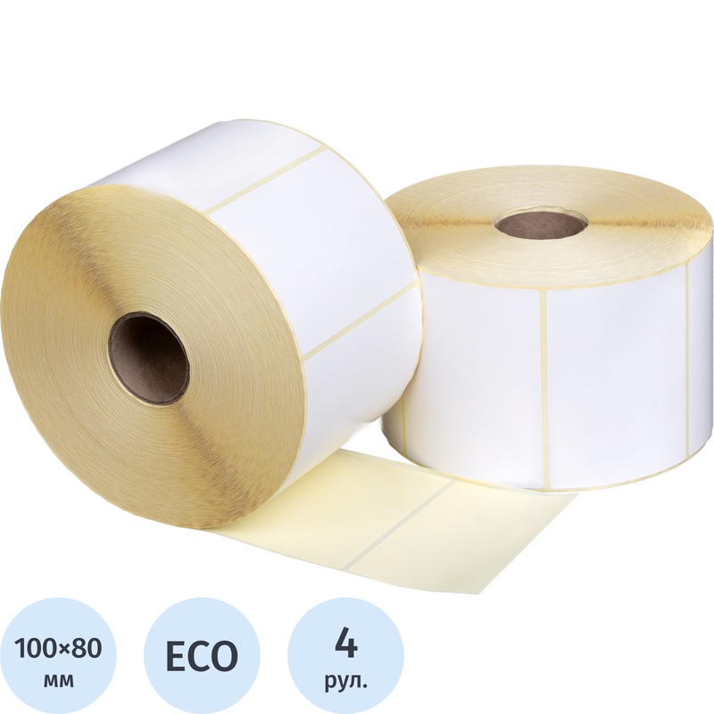 Изображение товара Термоэтикетки 100х80 мм ЭКО 40 мм диаметр втулки 4 рулона по2500 этикеток