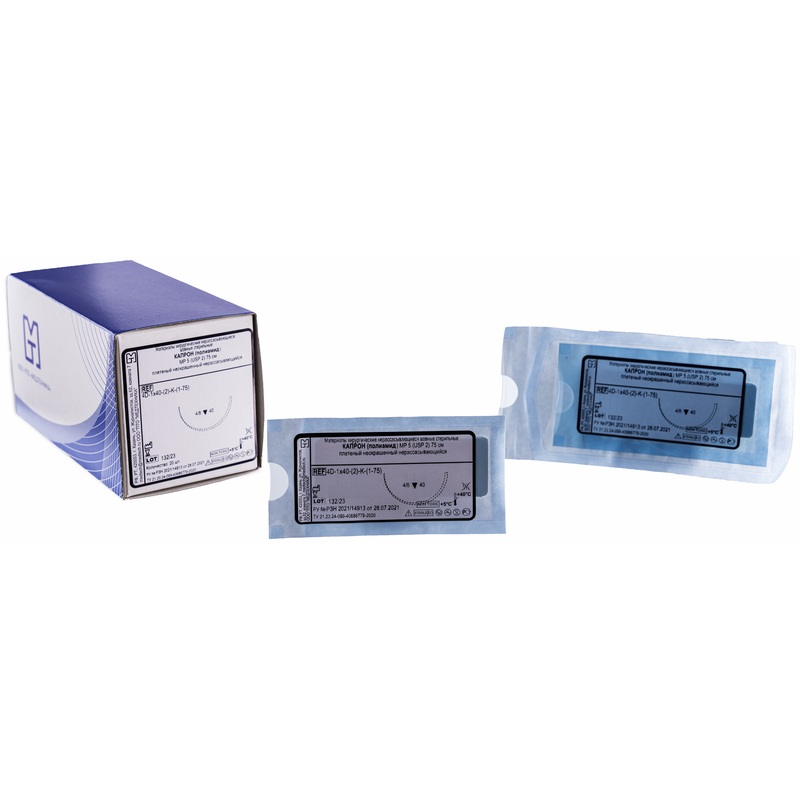 Изображение товара Шовный материал Капрон 2 75 см режущая игла 40 мм 2 (5) (20 штук в упаковке)