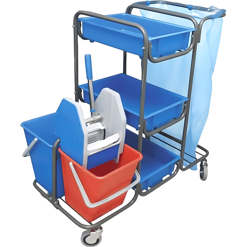 Изображение товара Тележка уборочная 2-ведерная с отжимом 2x18 л и 3 лотками