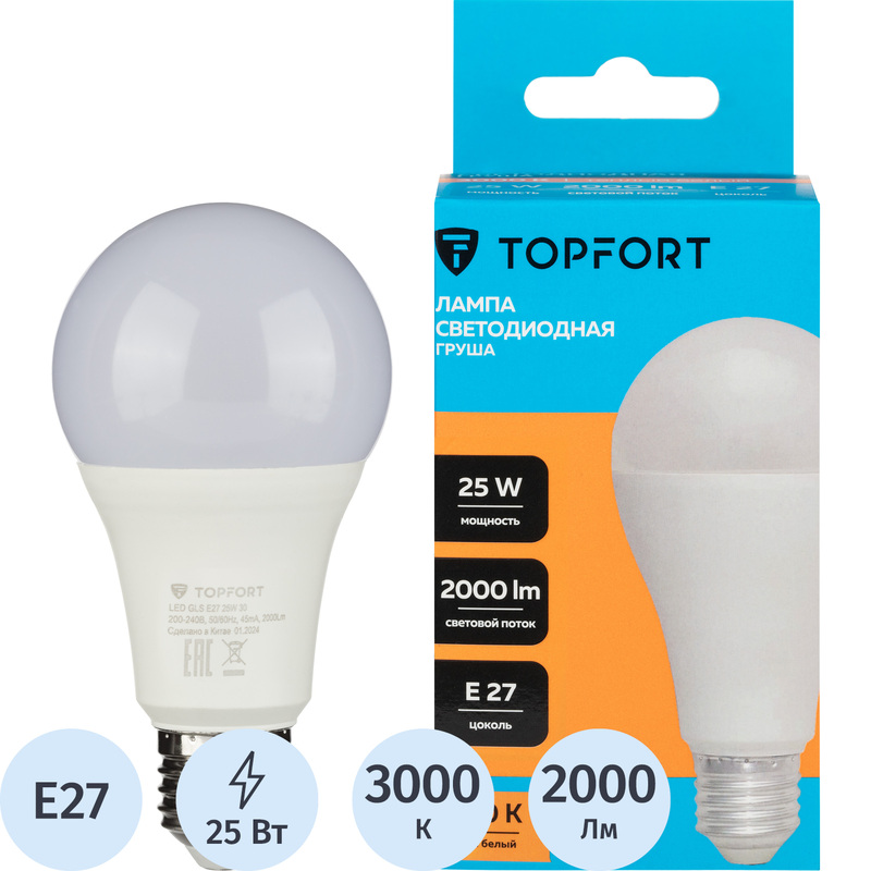 Изображение товара Лампа светодиодная TOPFORT 25 Вт E27 3000 К 2000 Лм матовая