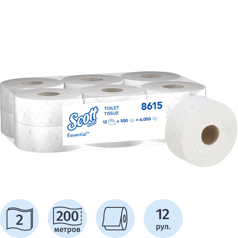 Изображение товара Бумага туалетная рулонная Kimberly-Clark Kleenex Jumbo Roll 2-слойная белая 12 рулонов по 200 метров (8615)