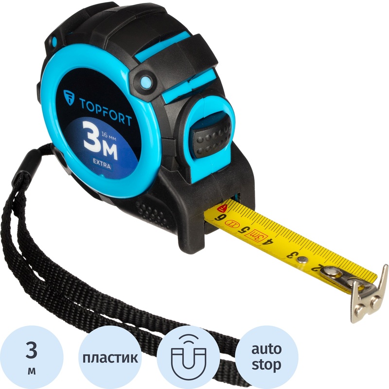 Изображение товара Рулетка строительная TOPFORT Extra 3 м х 16 мм с магнитным зацепом и автостопом в прорезиненном корпусе (1990398)