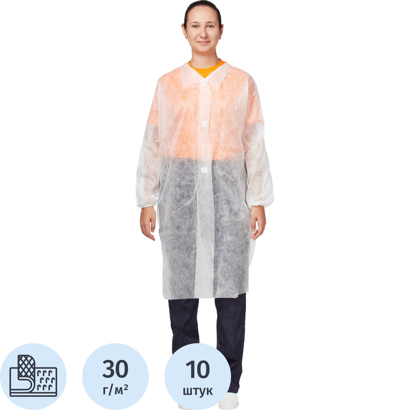 Изображение товара Одноразовый белый халат на липучках 54-56 размер комплект из 10 штук