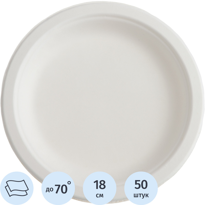 Изображение товара Белые одноразовые бумажные тарелки диаметром 180 мм 50 штук