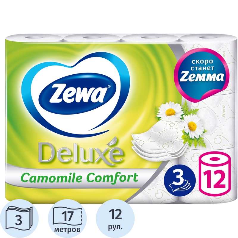 Изображение товара Бумага туалетная Zewa Deluxe Ромашка 3-слойная белая ароматизированная (12 рулонов в упаковке)