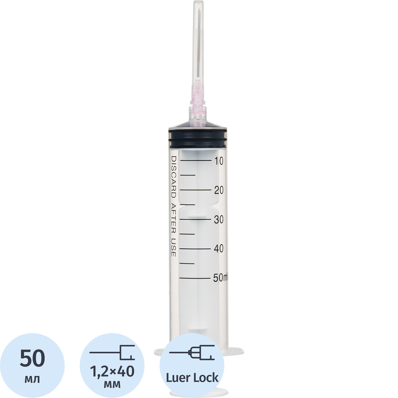 Изображение товара Шприц трёхкомпонентный Джинлонг 50 мл 18G 1.2x40 мм (20 штук в упаковке)