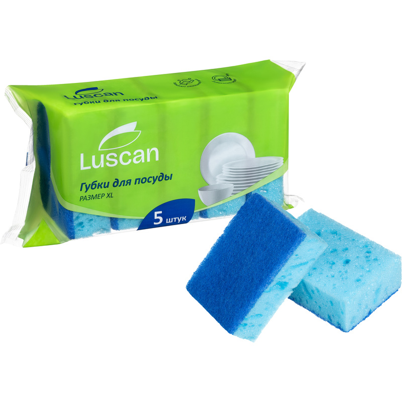 Изображение товара Губка для посуды Luscan поролон 10x7 см с абразивным слоем (5 штук в упаковке)