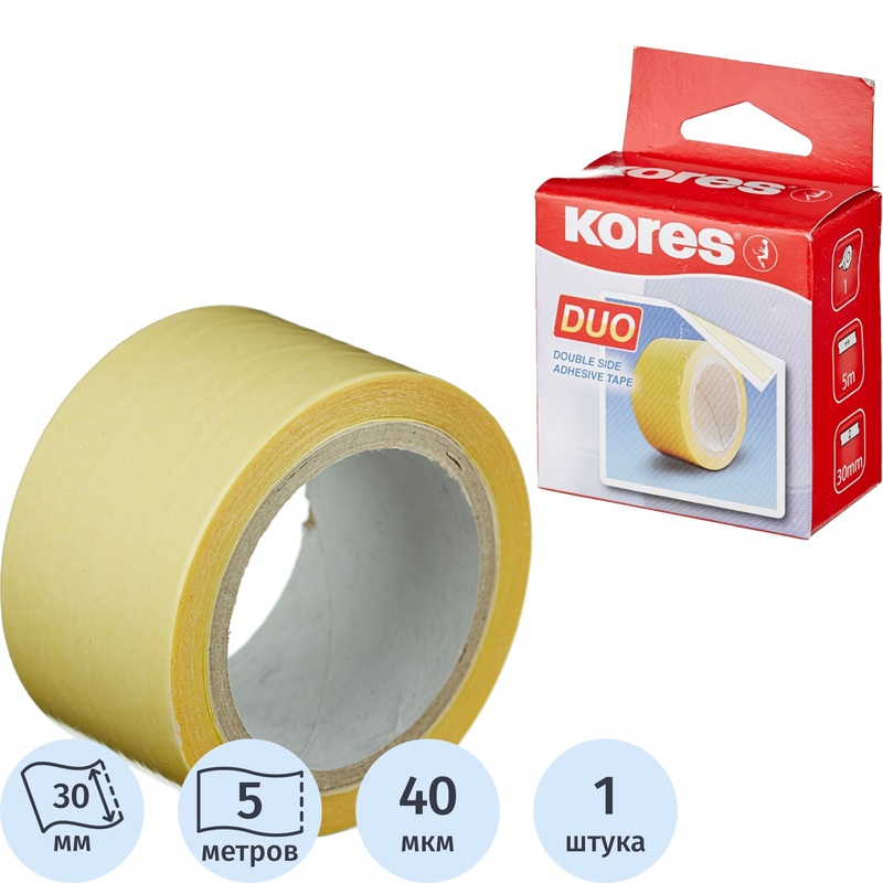 Изображение товара Канцелярская прозрачная двусторонняя клейкая лента Kores 30 мм x 5 м