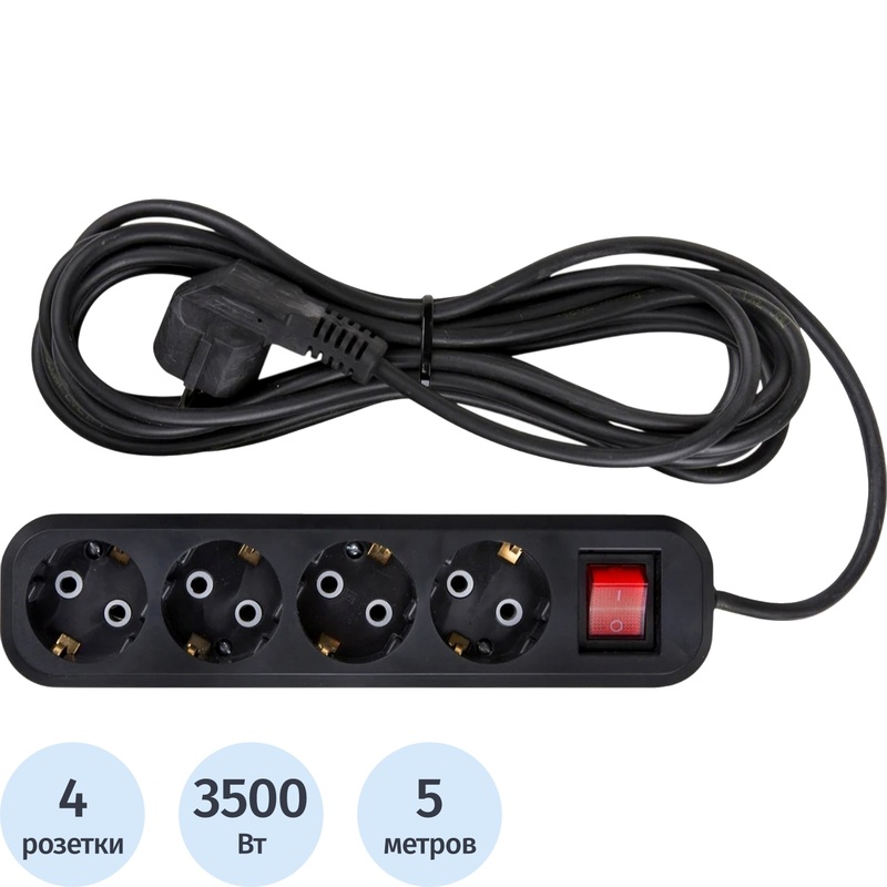 Изображение товара Удлинитель Атлант ПВС 4 розетки 5 м с заземлением и выключателем черный