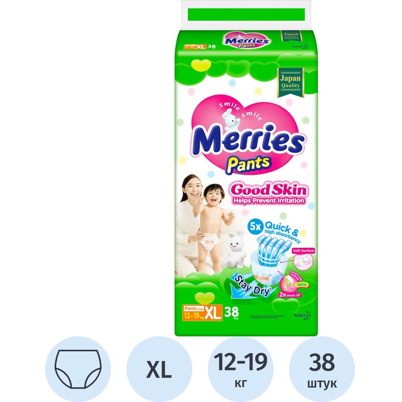 Изображение товара Подгузники-трусики Merries 12-19 кг 38 штук для активных малышей